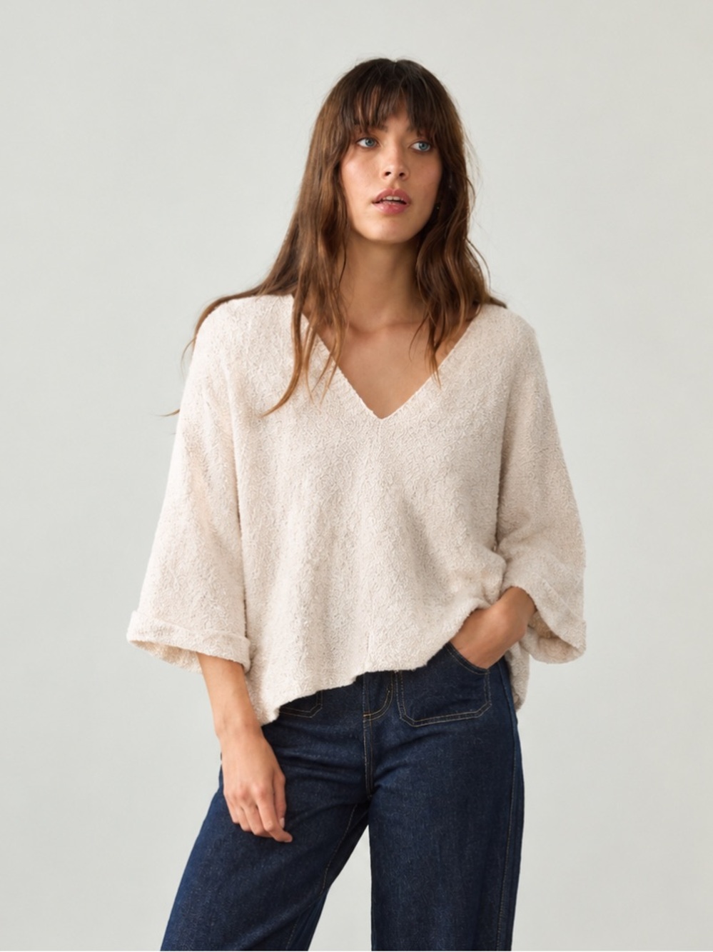 Cozy V-Neck Plush Sweater - Cream